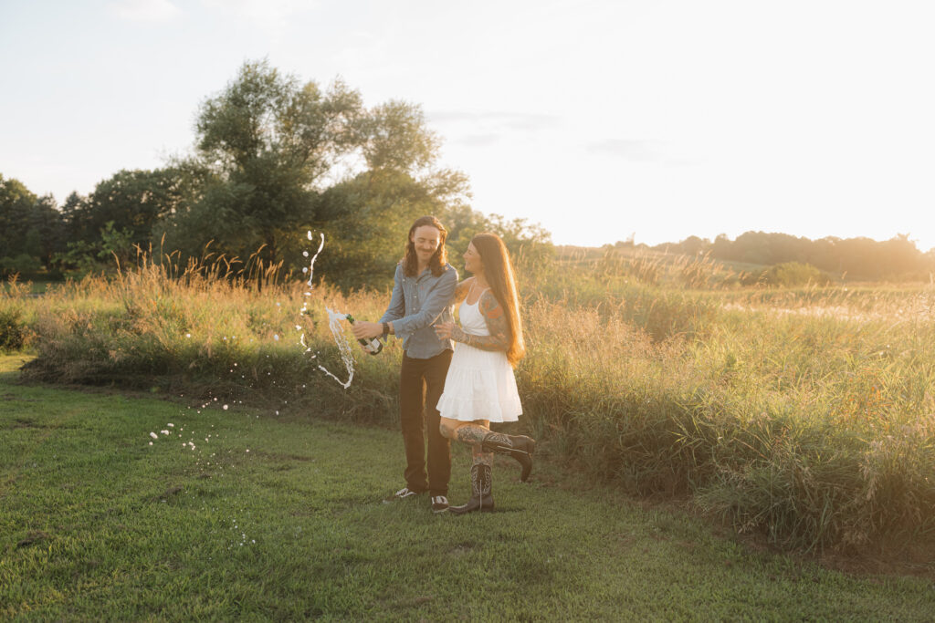 champagne popping during brooklyn engagement session 