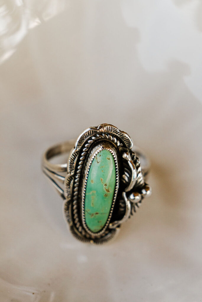 green vintage style wedding ring for a michigan micro wedding in brooklyn