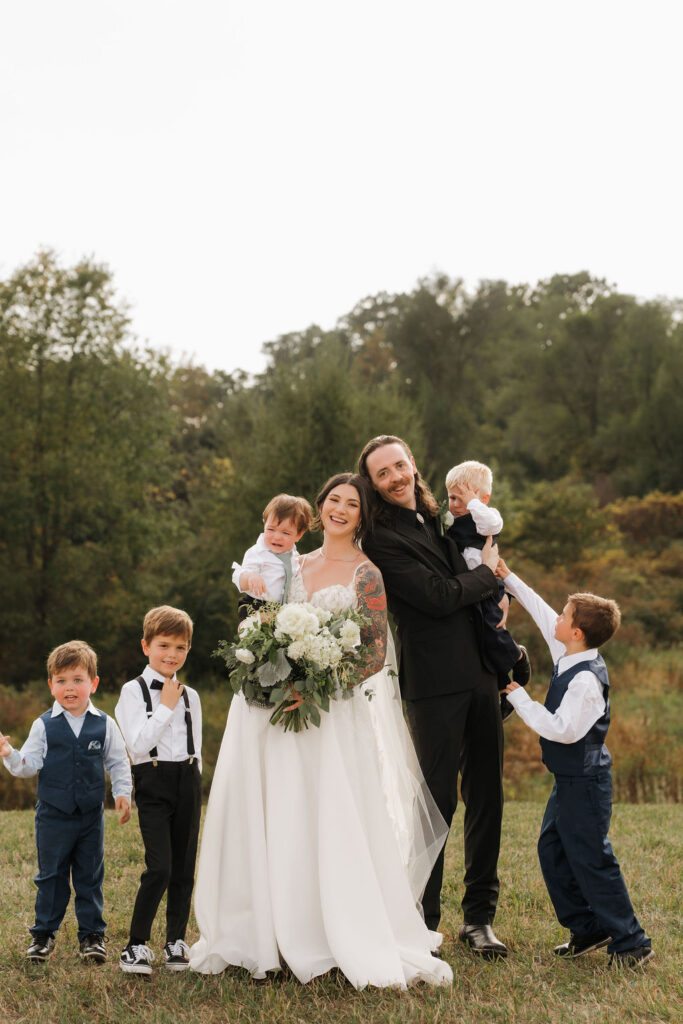 family photos including kids at a wedding in brooklyn mi