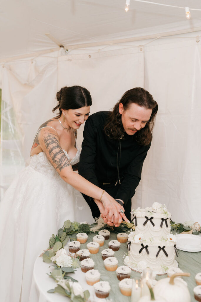 bride and groom cutting the cake at their wedding reception in the hills of brooklyn mi