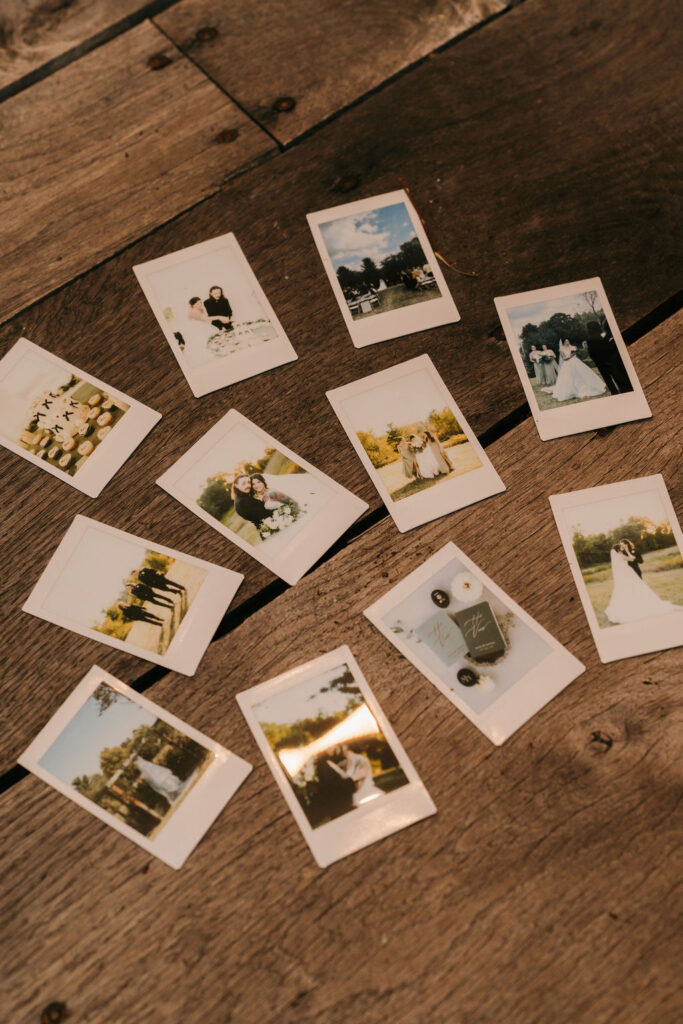 polaroids of a wedding ceremony and party of couple in the hills of brooklyn, MI